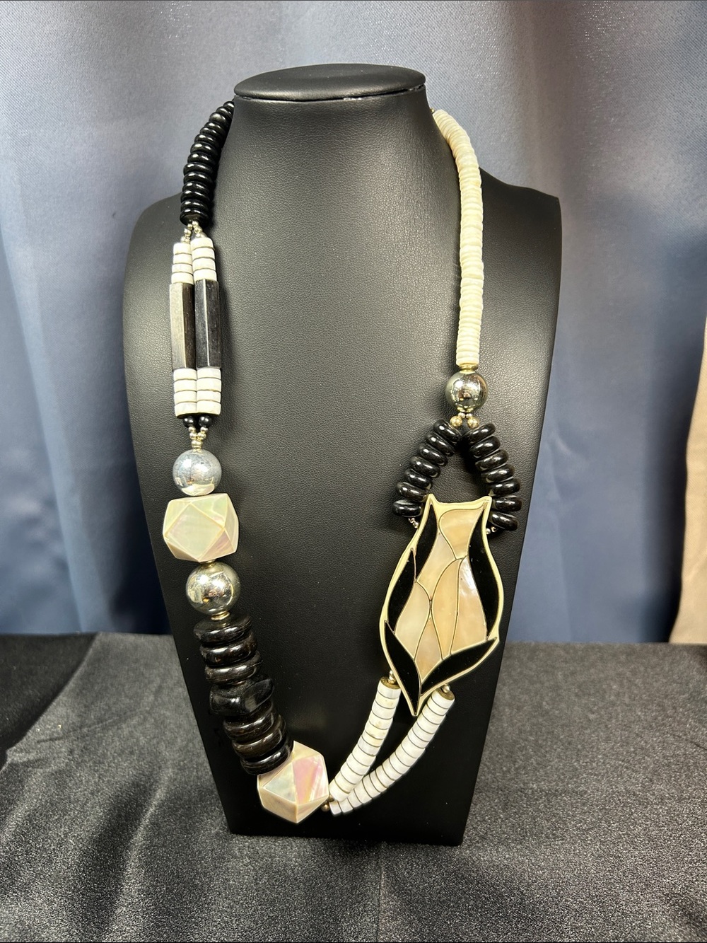 Black and Cream Statement Necklace with Mother-of-Pearl shell Inlay pendant